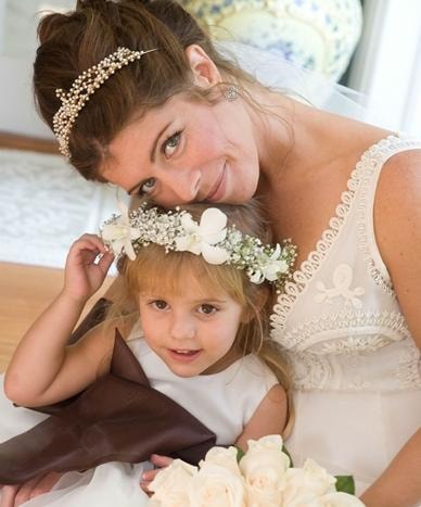 Toni Rigdon client — bride with flower girl, pearl headband and floral crown